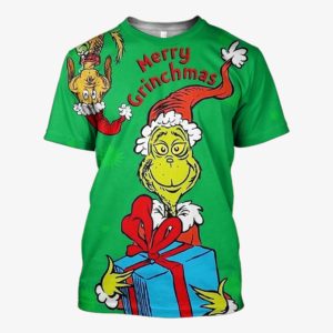 Merry Christmas Naughty The Grinch Hold Gift Box Unisex 3D T-Shirt All Over Printed