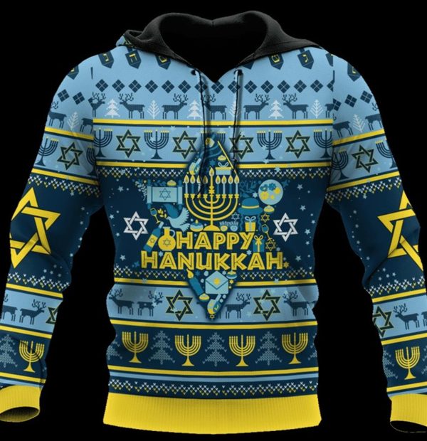 Happy Hanukkah Seamless Pattern With Candelabrum Hanukiya 3D Hoodie All Over Printed