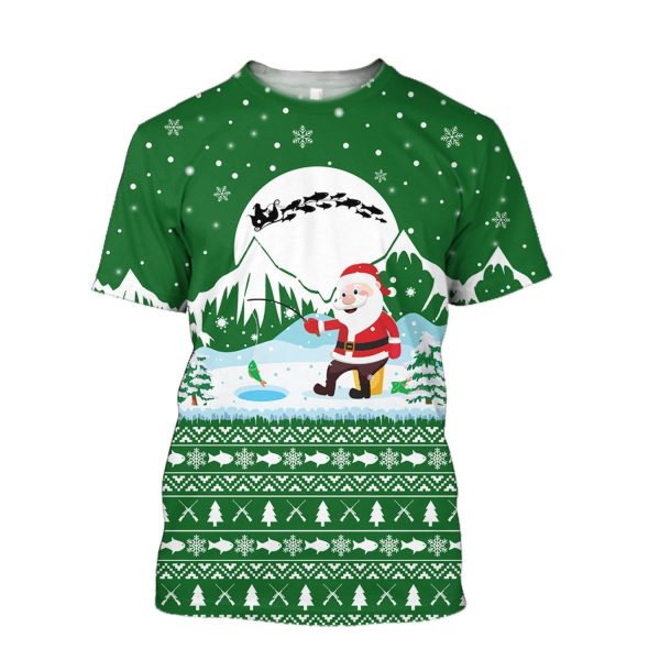 Santa Claus Goes Fishing For Xmas Shirt, Santa Claus Christmas 3D Hoodie All Over Printed