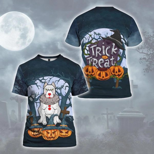 Funny Pitbull Halloween Pennywise Trick Or Treat Pitbull Dog 3D Hoodie All Over Printed