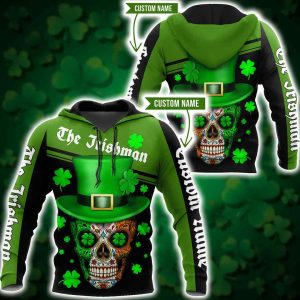 Personalized Name Sugar Skull Irishman Magic Green Hat St Patrick Shamrock 3D Hoodie All Over Printed