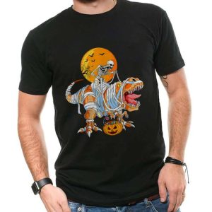 Skeleton Riding Dinosaur T rex Halloween Funny Pumpkin T-Shirt