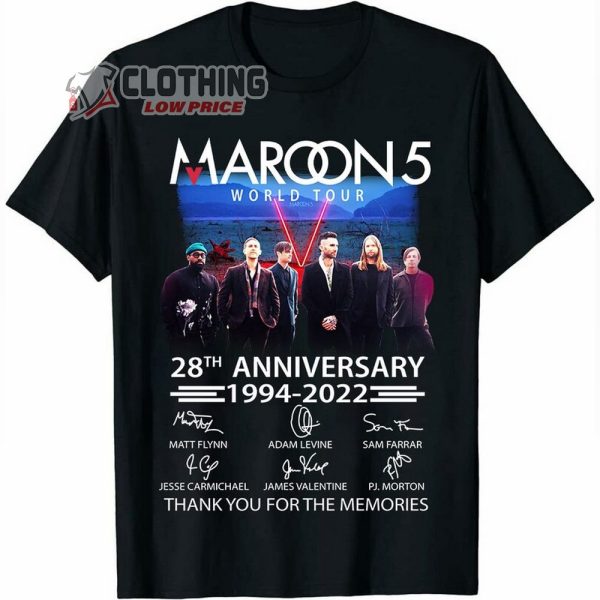 Maroon 5 28Th Anniversary 1994 – 2022  Signature Merch, Maroon 5 World Tour 2022 UK T-Shirt