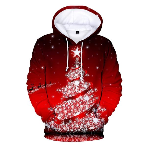 Christmas Tree Red Pullover Hoodie Unisex – Reindeer Anh Santa Claus Hoodie Ưith Kangaroo Pocket