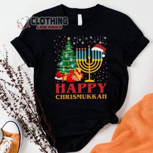 Happy Chrismukkah Shirt, Merry Christmas Tree Hanukkah Menorah Santa Claus Hat T-Shirt