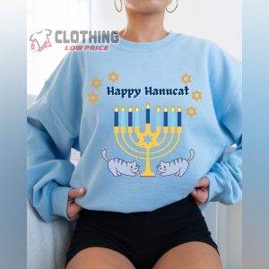 Happy Hanucat Menorah 9 Candles Lighting Ugly Hanukkah Sweater Cats Playing Jewish Hanukkah Me3