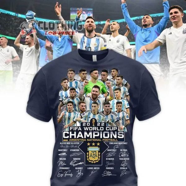 Agentina Football Team 2022 Fifa World Cup Champions Full Signatures Shirt, Lionel Messi And Argentina Lift World Cup After Win Merch