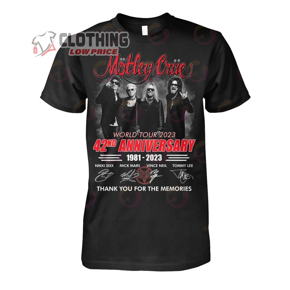 Motley Crue World Tour 2023 Merch, Motley Crue 42nd Anniversary 1981-2023 Thank You For The Memories Signatures T-Shirt