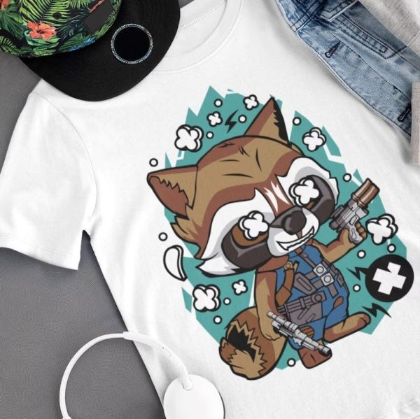 Cute Rocket Raccoon Cartoon With Guns T-shirt, Guardians Of The Galaxy 2023 Movie Rocket Raccoon Actor Merch
