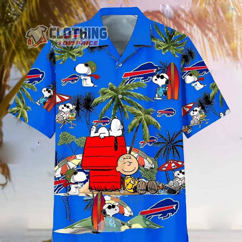 Buffalo Bills Snoopy Hawaiian Shirt, Buffalo Bills Logo Snoopy And Woodstock Beach Summer 3D Hawaiian Shirt