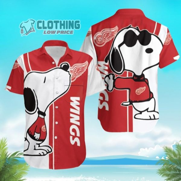 Detroit Red Wings Snoopy Hawaiian Shirt, Detroit Red Wings Logo Snoopy Glasses Beach Summer 3D Hawaiian Shirt