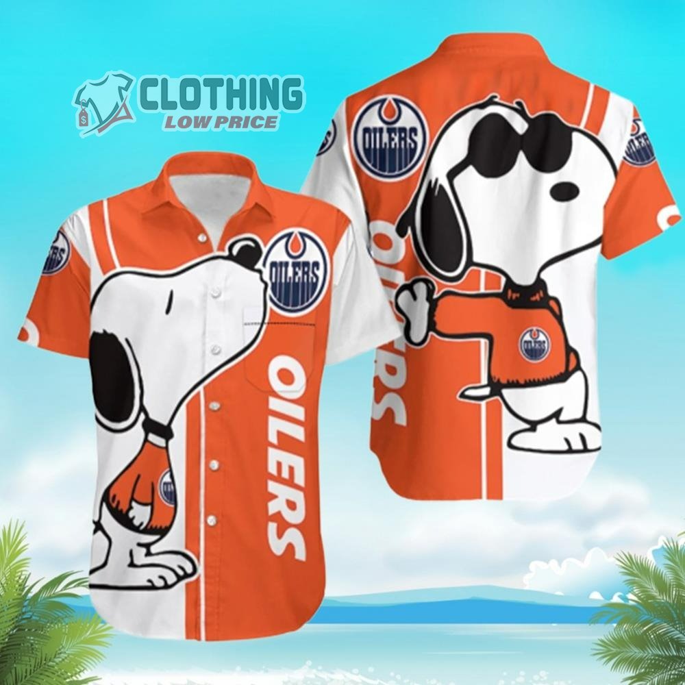 Edmonton Oilers Snoopy Hawaiian Shirt, Edmonton Oilers Logo Snoopy Glasses Beach Summer 3D Hawaiian Shirt
