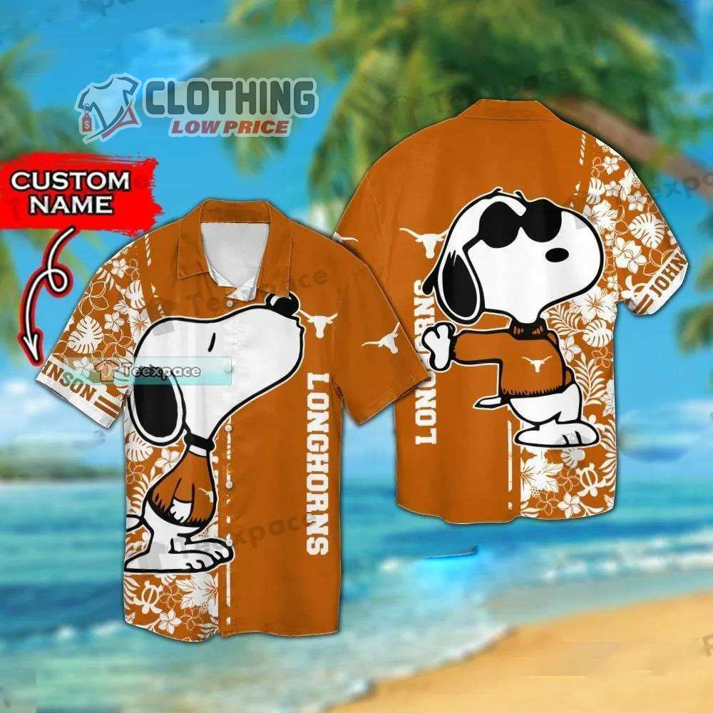 Longhorns Floral Snoopy Hawaiian Shirt, Custom Name Texas Longhorns Floral Snoopy Glasses Beach Summer 3D Hawaiian Shirt