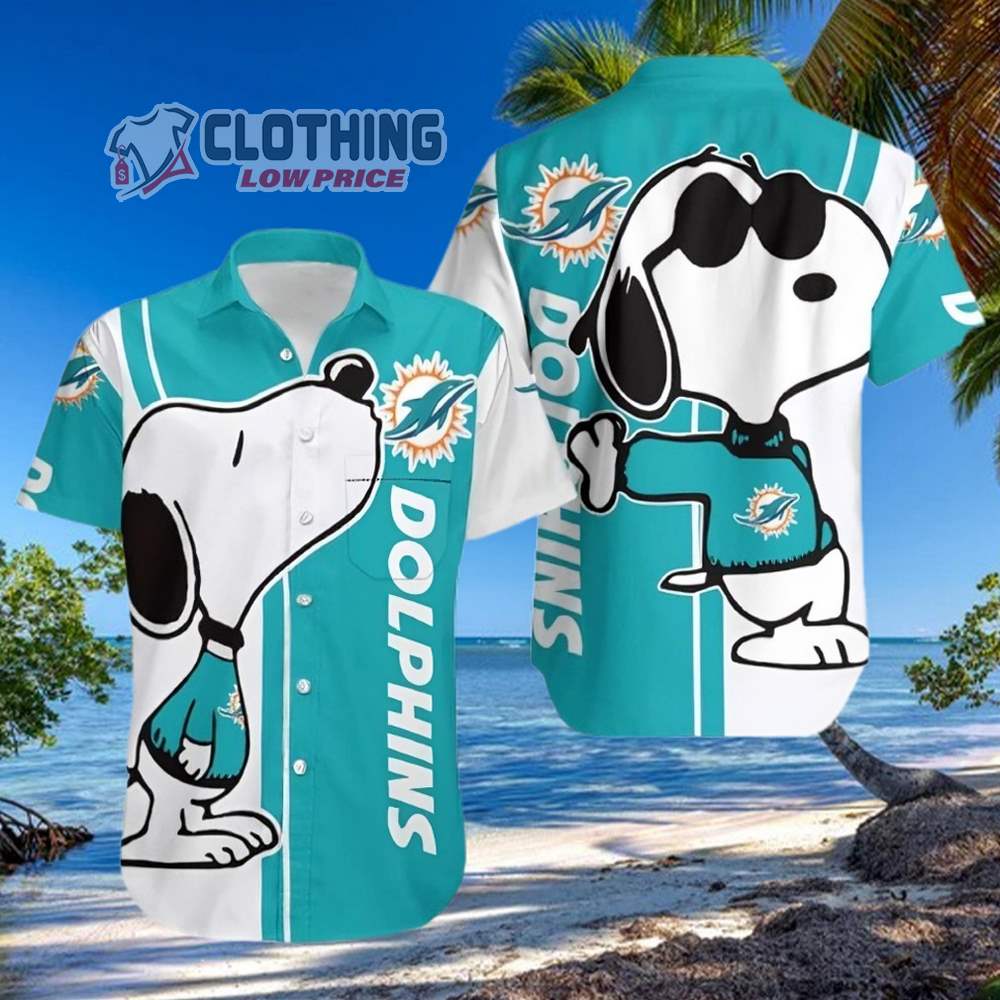 Miami Dolphins Snoopy Hawaiian Shirt, Miami Dolphins Logo Snoopy Glasses Beach Summer 3D Hawaiian Shirt
