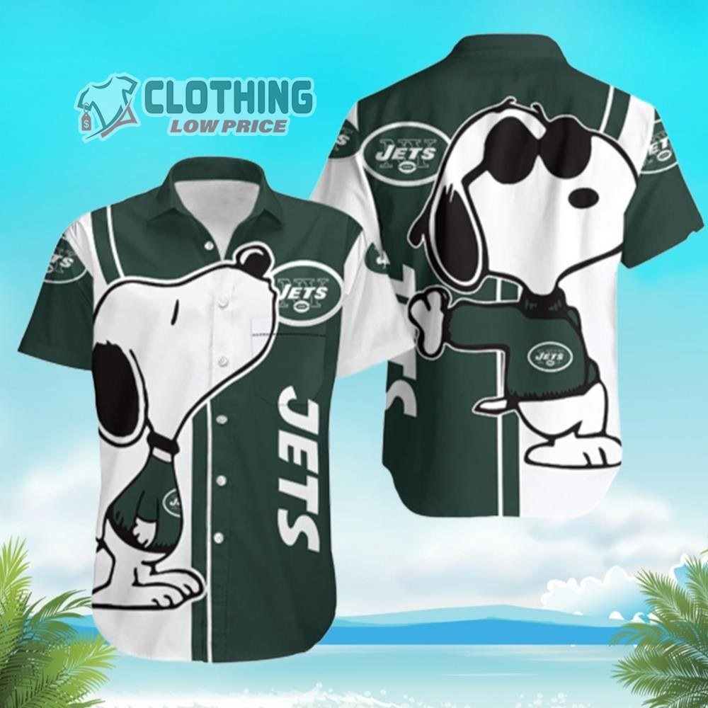 New York Jets Snoopy Hawaiian Shirt, New York Jets Logo Snoopy Glasses Beach Summer 3D Hawaiian Shirt