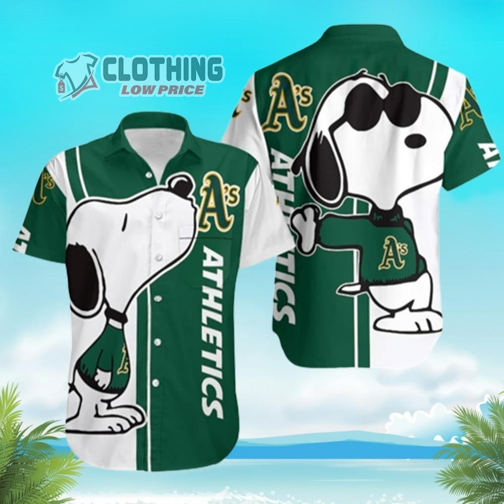 Oakland Athletics Snoopy Hawaiian Shirt, Oakland Athletics Logo Snoopy Glasses Beach Summer 3D Hawaiian Shirt