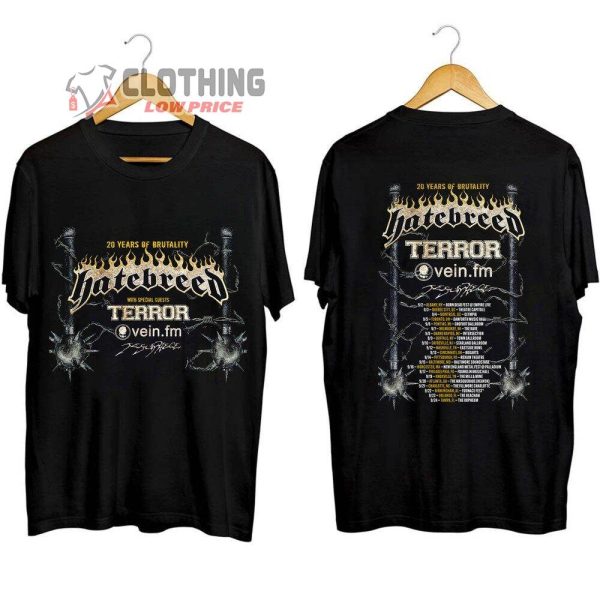 20 Years Of Brutality Tour Hatebreed Merch, Hatebreed Band Concert 2023 With Special Guests Terror Shirt, 20 Years Of Brutality Concert T-Shirt