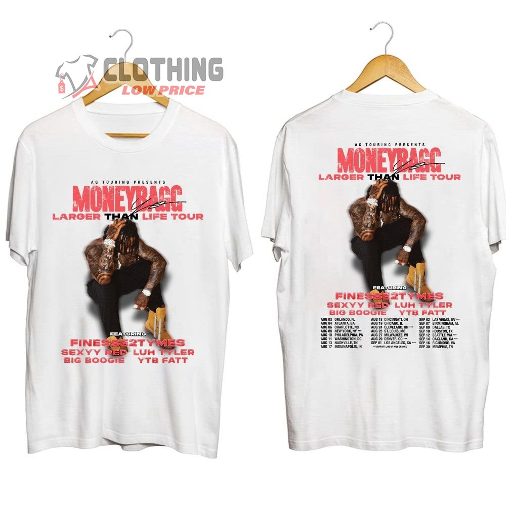 Moneybagg Yo Larger Than Life Tour 2023 Merch, Rapper Moneybagg Yo 2023 Concert Shirt, Rapper Moneybagg Yo Featuring Finesse2tymes - Sexyy Red - Luh Tyler - Big Boogie And YTB Fatt T-Shirt
