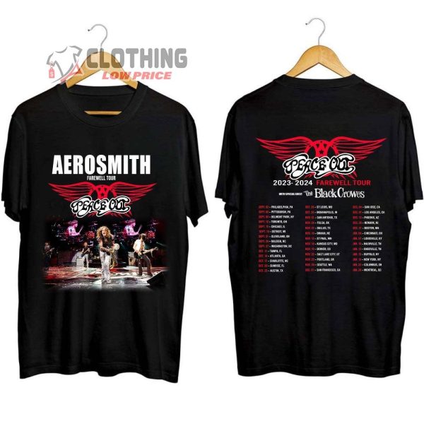 Aerosmith World Tour 2024 Setlist Tickets Merch, Aerosmith 2023 – 2024 Peace Out Farewell Tour With The Black Crowes Tour Shirt, Aerosmith Farewell Tour 2024 T-Shirt