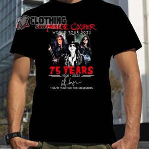 Alice Cooper World Tour 2023 Merch, Alice Cooper 75 Years 1948-2023 Thank You For The Memories Signature T-shirt