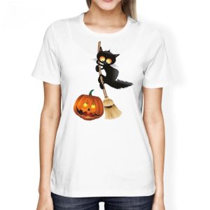 Black Cat With Pumpkin Print T- Shirts, Funny Couple Halloween Costume Ideas Merch, Funny Halloween Shirt