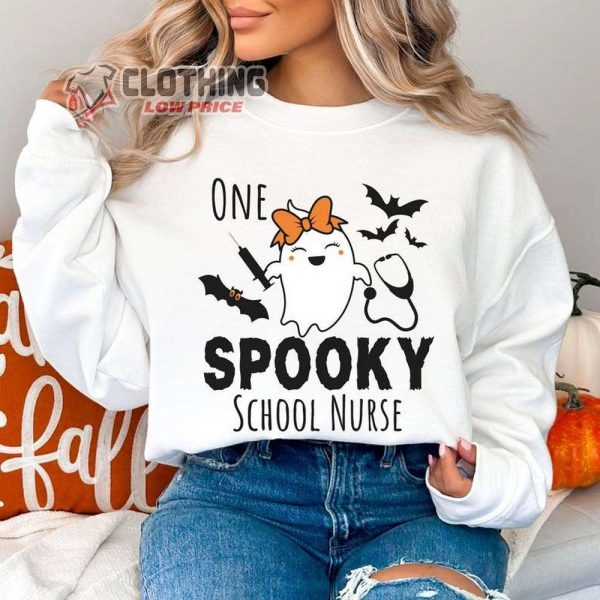 Cute One Spooky School Nurse Halloween Shirt Cute Ghost Halloween Graphic Shirt Matching Nursing Team Spooky Season Crew Neck Sweatshirt1