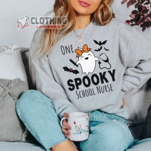 Cute One Spooky School Nurse Halloween Shirt Cute Ghost Halloween Graphic Shirt Matching Nursing Team Spooky Season Crew Neck Sweatshirt2