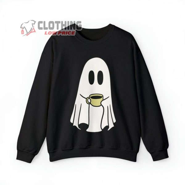 Funny Ghost With Coffee Halloween Sweatshirt, Funny Halloween Shirt, Cute Ghost Sweatshirt, Spooky Coffee Lovers Merch