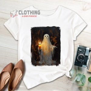 Funny Halloween Shirt, Cute Ghost Holding Candle T-Shirt, White Ghost with Candle Costumes, Scary Ghost Halloween Tee, Halloween Gift