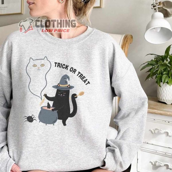 Ghost Cat Halloween Sweatshirt, Black Cat Shirt, Spooky Season Halloween Sweater, Cat Lover Sweatshirt, Halloween Cat Shirt