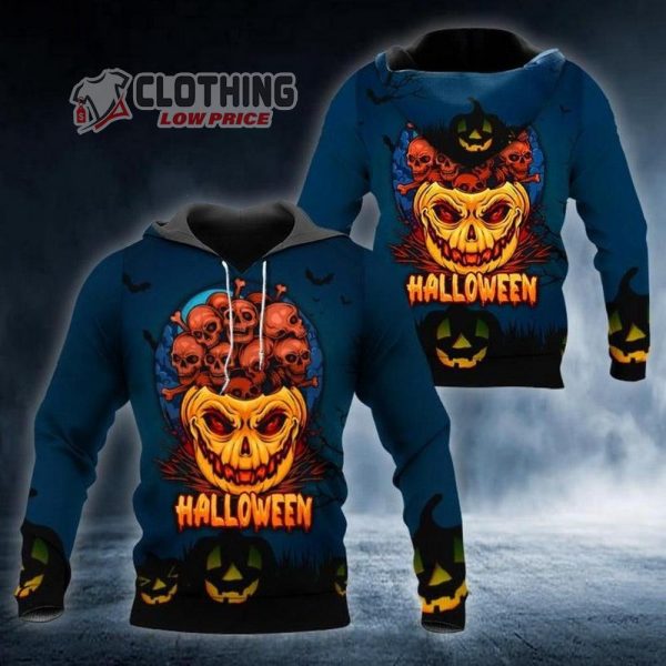 Horror Halloween Pumpkin Skull 3D All Over Printed Hoodie, Creepy Pumpkin Halloween 3D Shirt, Halloween Skull Hoodie