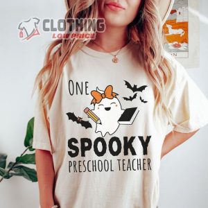 One Spooky Preschool Teacher Comfort Colors T- Shirt, Halloween Teacher Tee Shirt, Halloween Teacher Gift, Teacher Halloween Ideas Merch