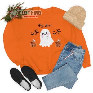 Orange Cute Ghost Halloween Sweatshirt Halloween Sweater Hey Boo Trick Or Treat Halloween Crewneck Shirts For Women