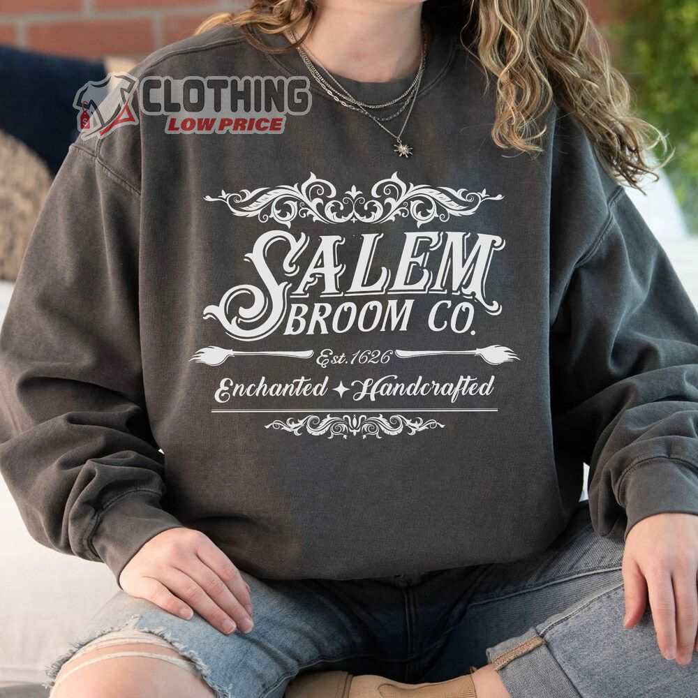 Salem Broom Co Est 1692 Sweatshirt, Salem Broom Enchanted Handcrafted Shirt, Retro Salem Massachusetts Halloween Merch