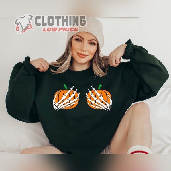 Skeleton Hands Holding Pumpkin, Funny Halloween Shirt, Hand Bra Shirts, Funny Adult Halloween Costumes Merch