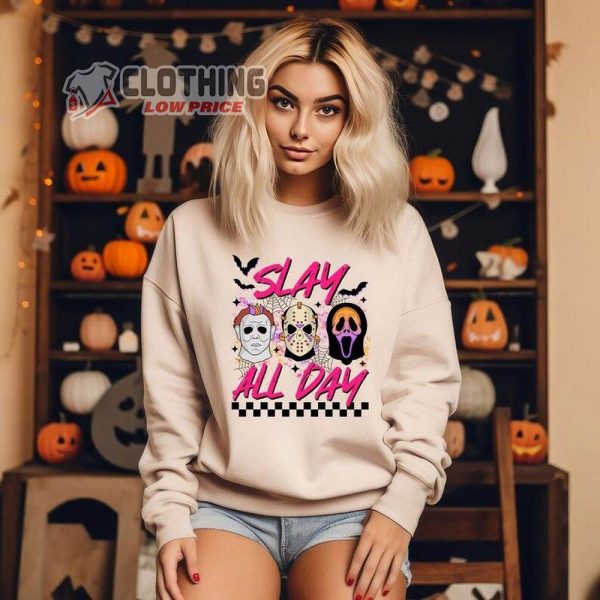 Slay All Day Cute Ghosts Halloween Sweatshirt, Spooky Season Womens Halloween Sweatshirt, Halloween Killers Tee, Horror Movie Killers Shirt