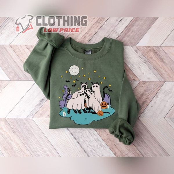 Spooky Ghost Cat Halloween Fall Sweatshirt, Halloween Ghost Cat Sweatshirt