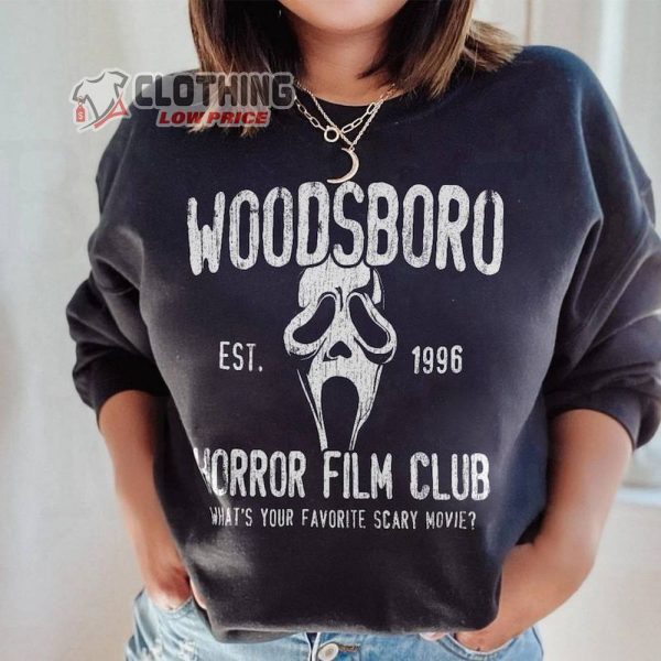 Woodsboro Horror Film Club Sweatshirt, Scream Ghost Halloween Sweatshirt, Thriller Movies Halloween Hoodie