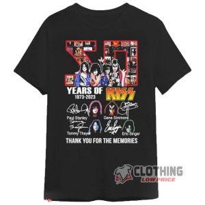 50 Years Of Kiss Rock Band Tour 2023 Merch, Kiss Rock Band 1973 2023 Thank You For The Memories Team Member Signature T-Shirt
