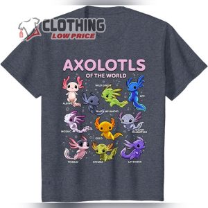 Axolotl Shirt Kawaii Axolotls of the World Tee, Axolotl Animals T-Shirt, Mosaic Albino Wild Green Shirt