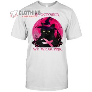 Black Cat In October We Wear Pink Halloween Breast Cancer Awareness Merch, Halloween Breast Cancer Shirts, Black Cat Halloween T-Shirt