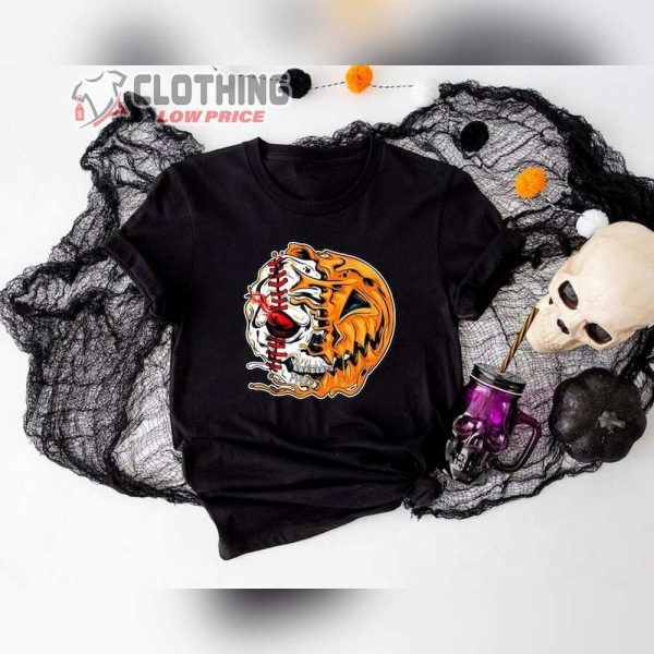Baseball Theme Pumpkin Skull Shirts, Creepy Smiling Face, Eerie Vibes, Scary Pumpkin Halloween Shirt, Haunted Pumpkin, Horrific Ball, Bloody Smile Shirt