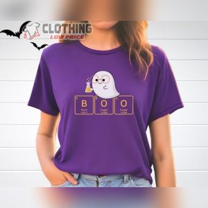 Boo Cute Science Halloween Shirt, Cute Ghost Scientist With Periodic Table Of Elements That Spell Boo, Science Teacher Halloween Shirt
