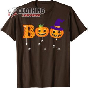 Boo pumpkins with witch hat and tarantula spiders Halloween T Shirt1