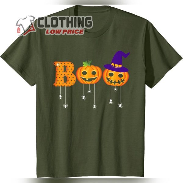 Boo pumpkins with witch hat and tarantula spiders Halloween T-Shirt