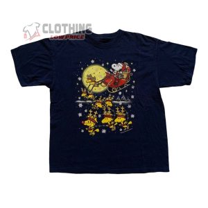 Christmas Peanuts Snoopy Woodstock Shirt, Snoopy Santa Claus And Woodstock Reindeer Christmas Holiday T-Shirt, Christmas Eve Snow Snoopy Moon T-Shirt