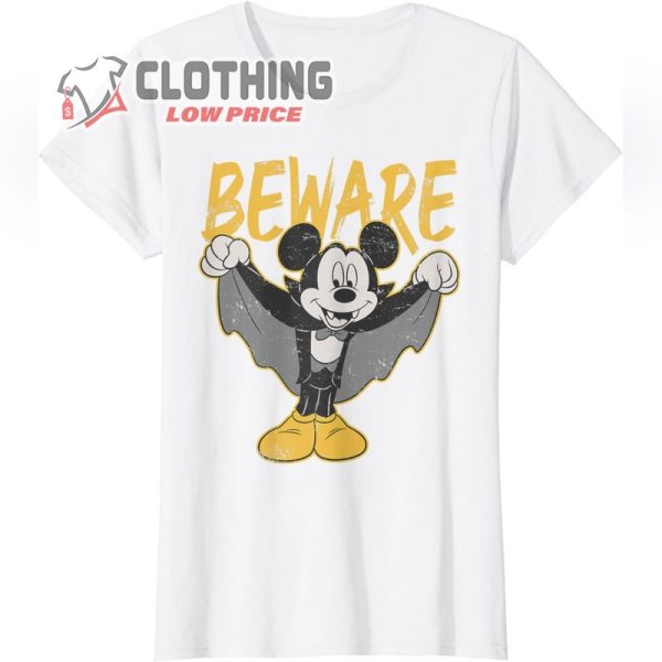 Disney Mickey Mouse Dracula Costume Beware Retro T-Shirt, Bewarre Black Disney Mouse Tee