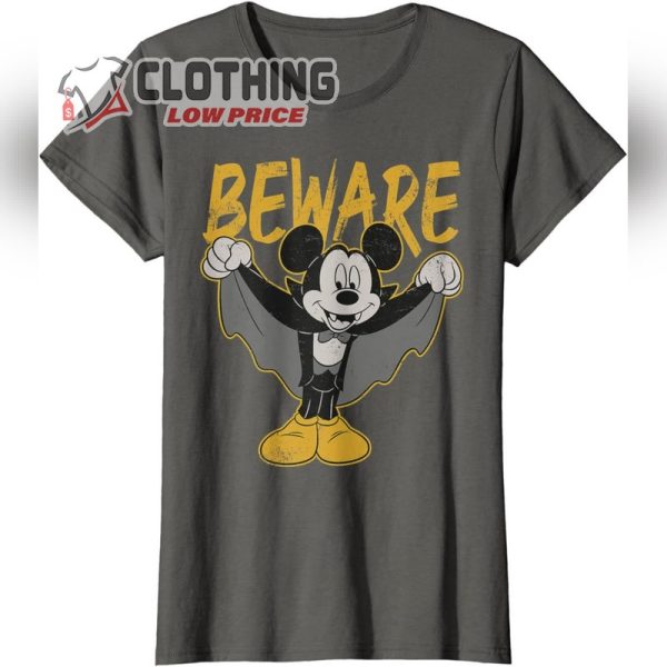 Disney Mickey Mouse Dracula Costume Beware Retro T-Shirt, Bewarre Black Disney Mouse Tee