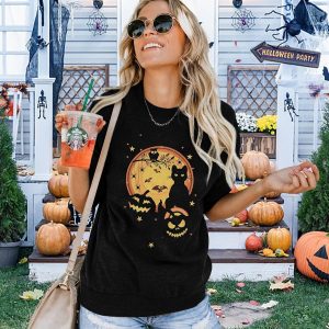 FRYAID Halloween Sweatshirt Women Pumpkin Tshirt, Black Cat Pullover Blouse Fall Long Sleeve Shirt