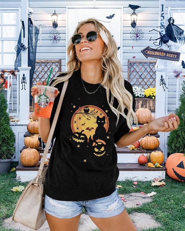 FRYAID Halloween Sweatshirt Women Pumpkin Tshirt, Black Cat Pullover Blouse Fall Long Sleeve Shirt